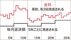 変動金利型の金利は原則、年2回見直される。毎月返済額は5年ごとに見直される。