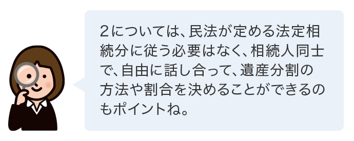 2については、民法が定める法定相続分に従う必要はなく、相続人同士で、自由に話し合って、遺産分割の方法や割合を決めることができるのもポイントね。