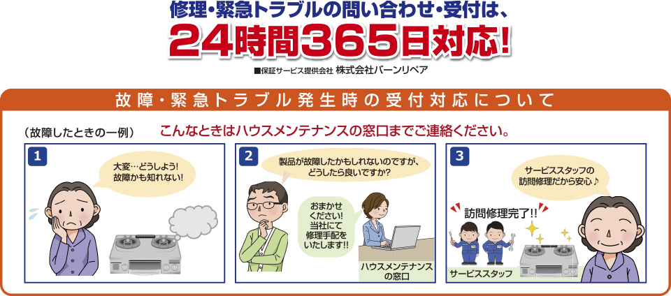 修理・緊急トラブルの問い合わせ・受付は、24時間365日対応！